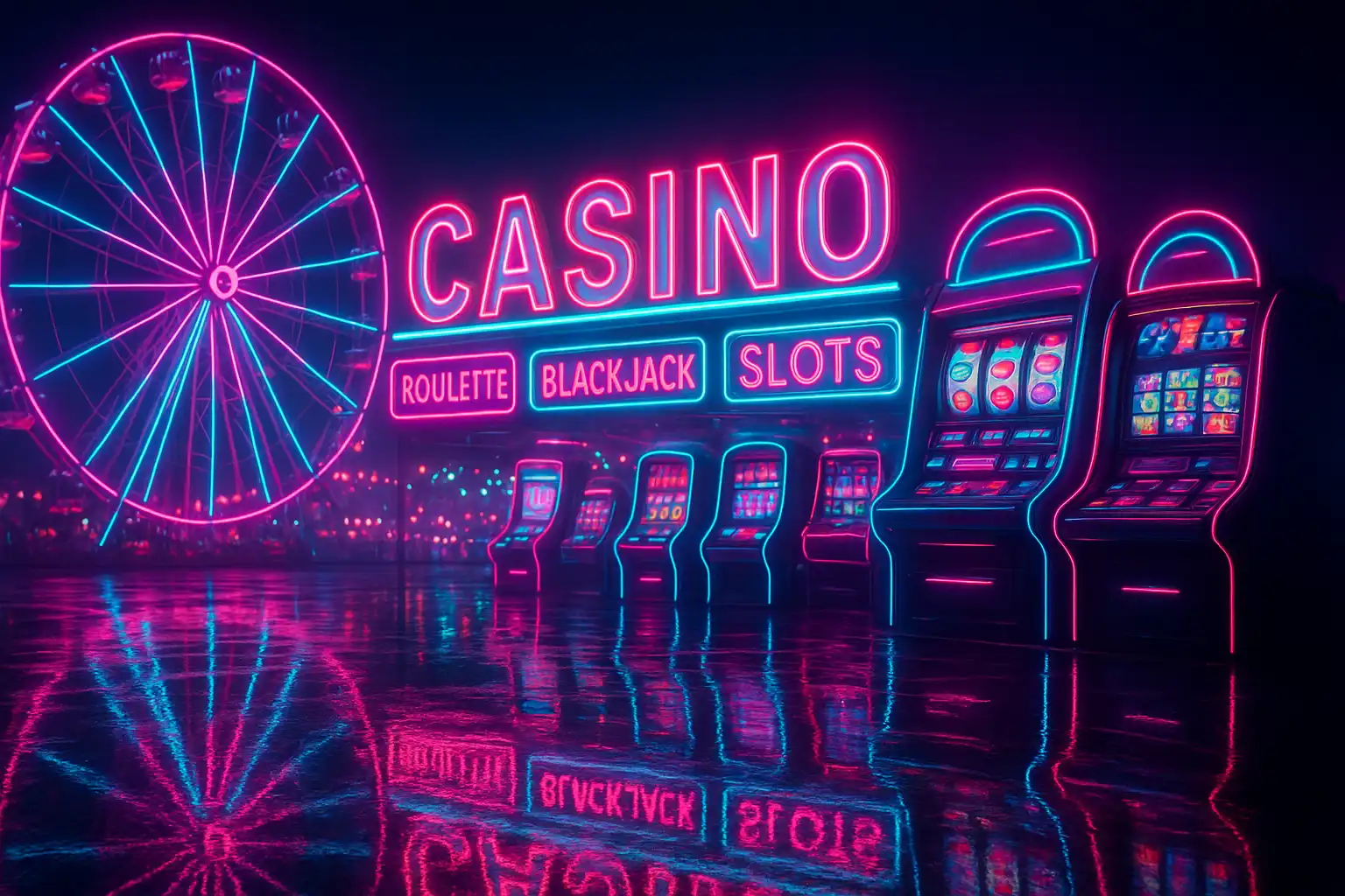 Futuristic neon carnival with glowing ferris wheel and slot machines