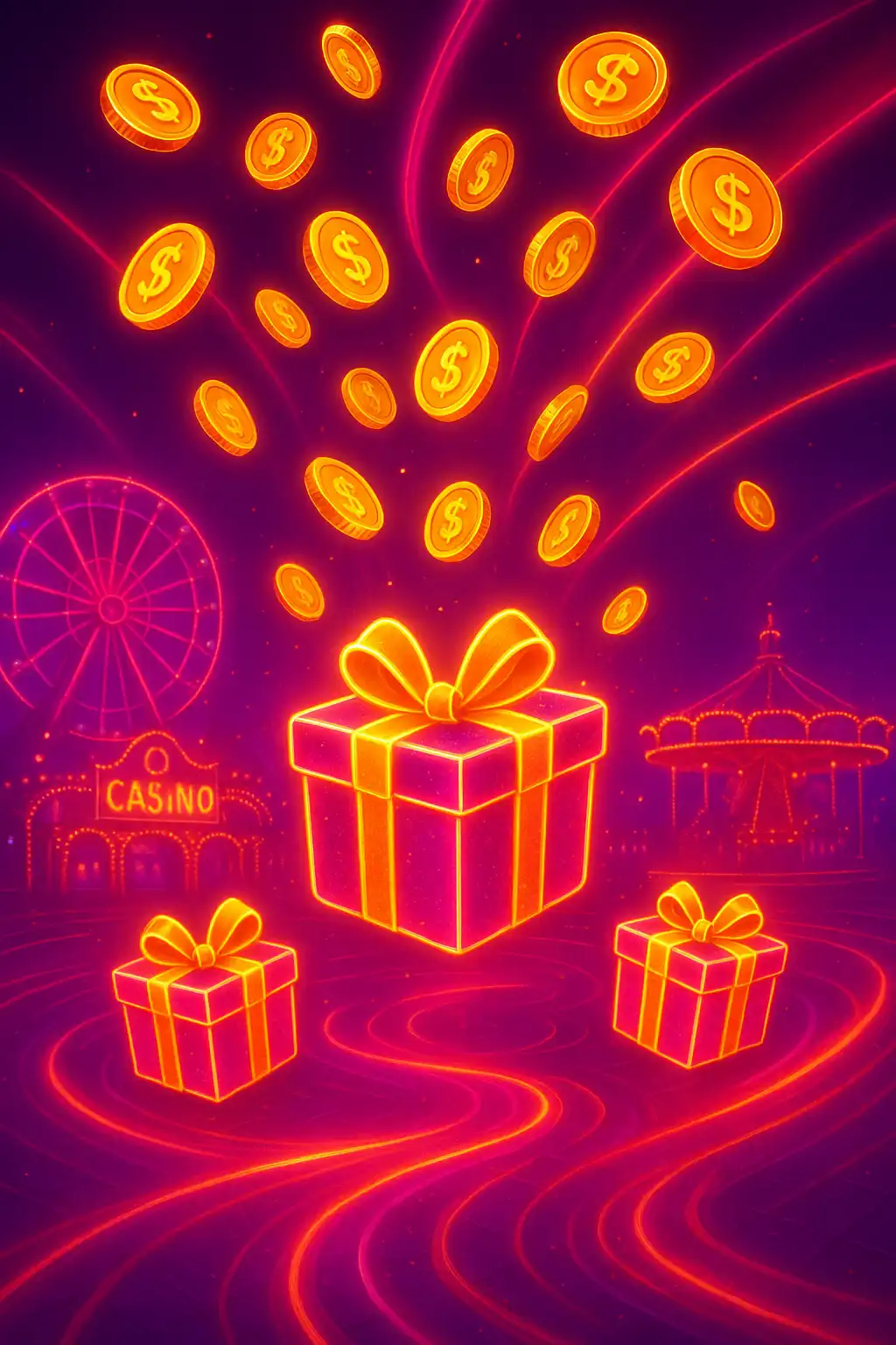 Glowing neon bonus gift boxes and coins over a futuristic carnival casino floor