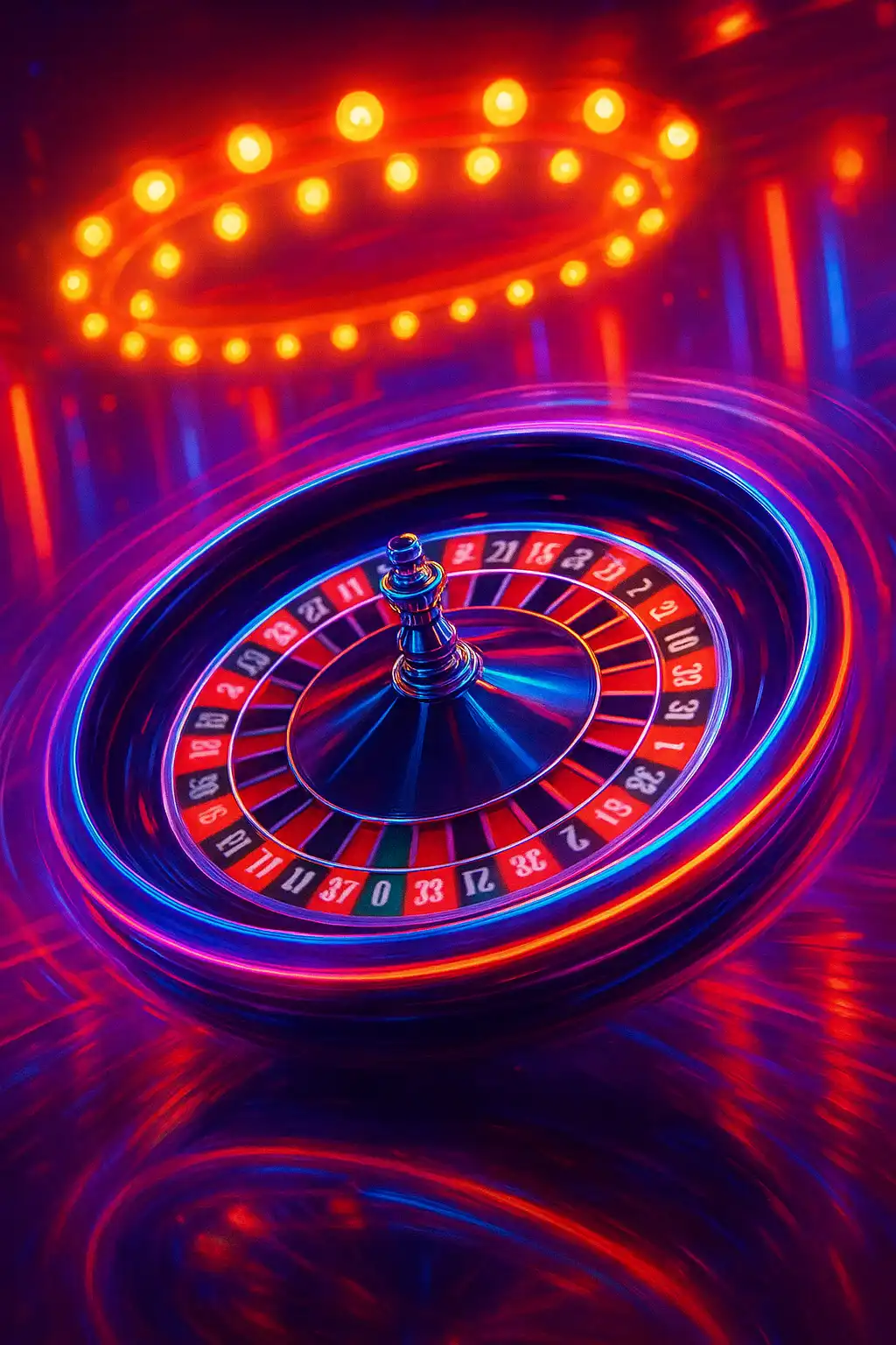 Glossy neon roulette wheel spinning on a mirrored casino floor surrounded by carnival lights