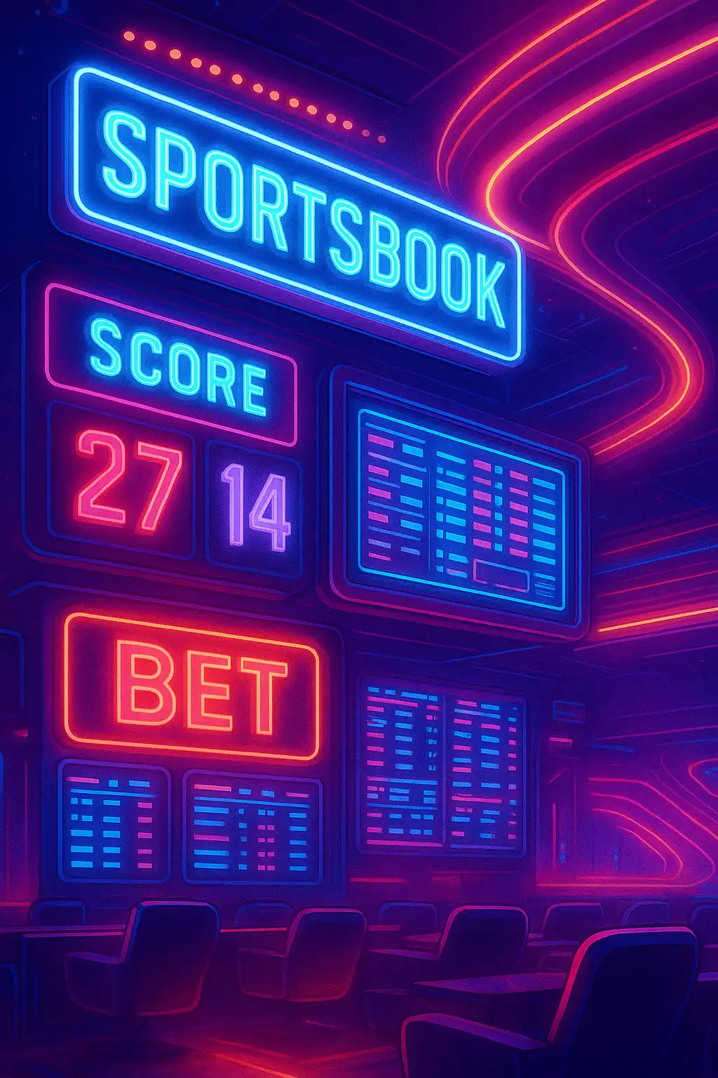 Neon carnival sportsbook lounge with glowing scoreboards and stadium light trails