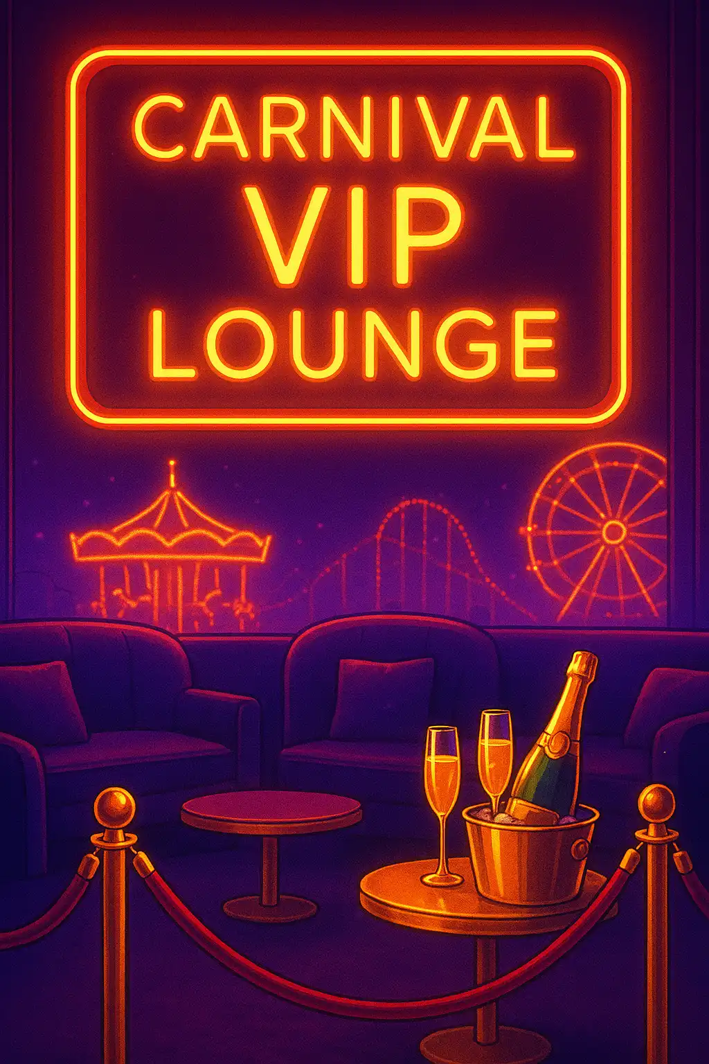 Exclusive neon carnival VIP lounge with velvet ropes and glowing gold accents
